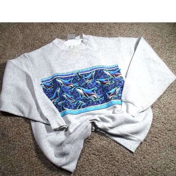 Vintage 90s Oneita Power-Sweats Orca Whale Sweatshirt  M Grey Pullover Jumper - Picture 1 of 8